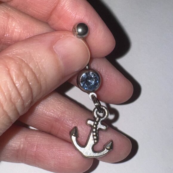Small Anchor with Light Blue Gem Dangle Belly Ring - Picture 8 of 13